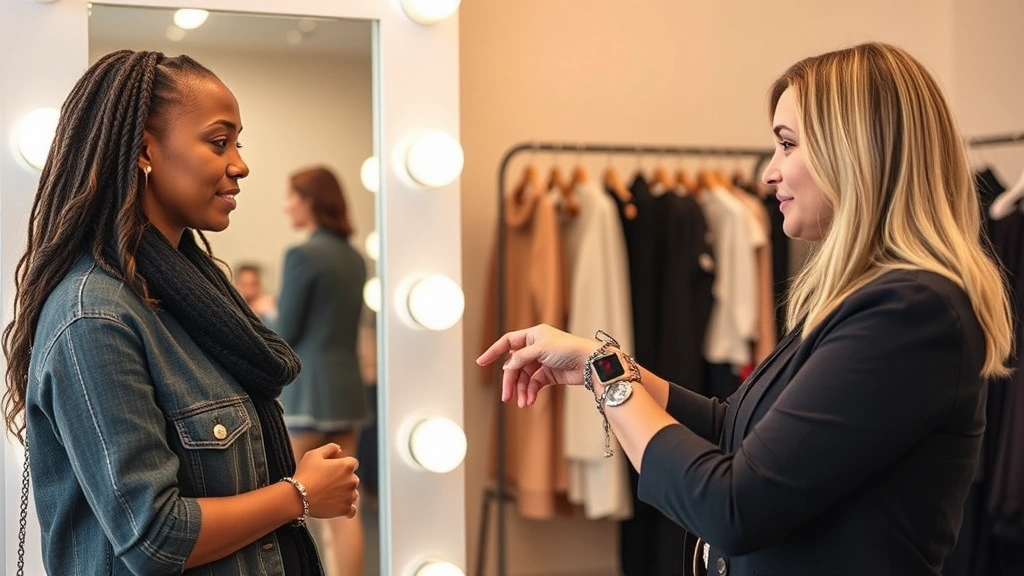 Personal styling consultation scene showing diverse customer with professional stylist discussing Apple Watch options, full-length mirror, styled accessories, warm professional lighting