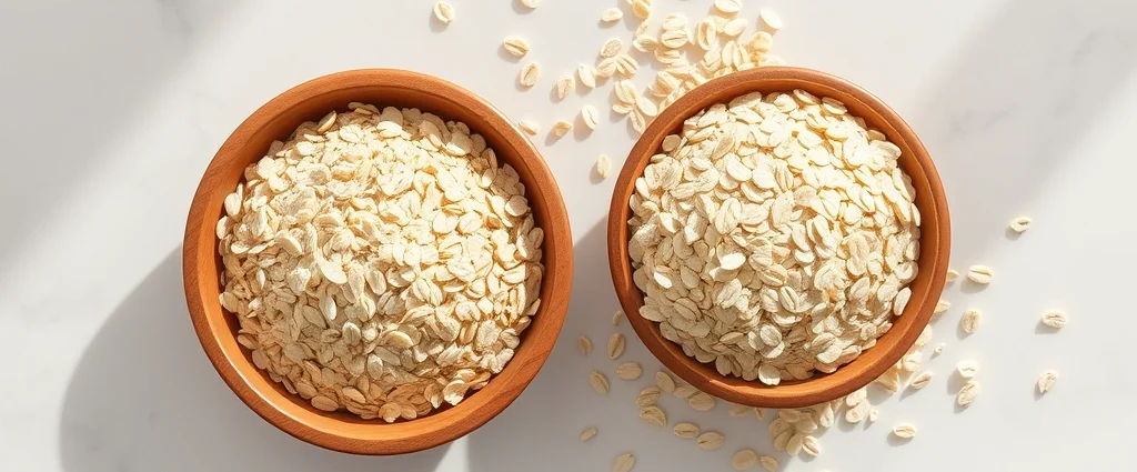 Overhead flat lay of old-fashioned oats and rolled oats in separate wooden bowls on marble countertop with scattered oat flakes, natural morning lighting, minimalist styling, no text or logos
