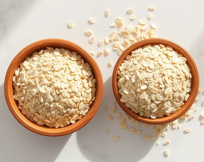 Overhead flat lay of old-fashioned oats and rolled oats in separate wooden bowls on marble countertop with scattered oat flakes, natural morning lighting, minimalist styling, no text or logos