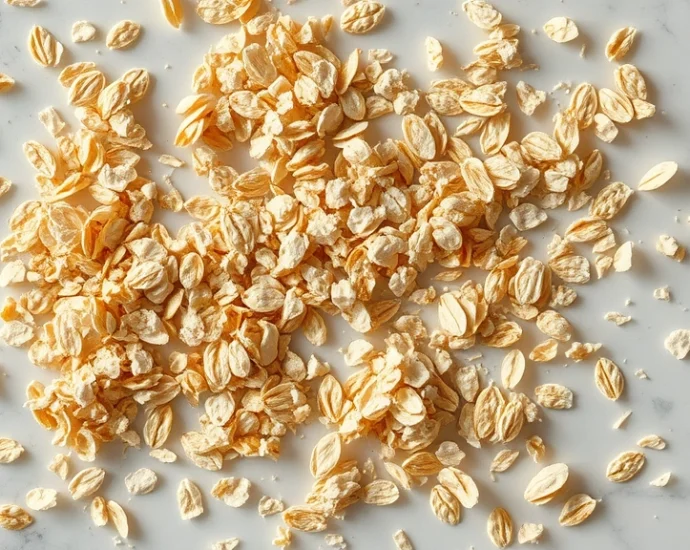 Close-up overhead view of scattered old-fashioned oat flakes on white marble surface, natural lighting, showing texture and size detail