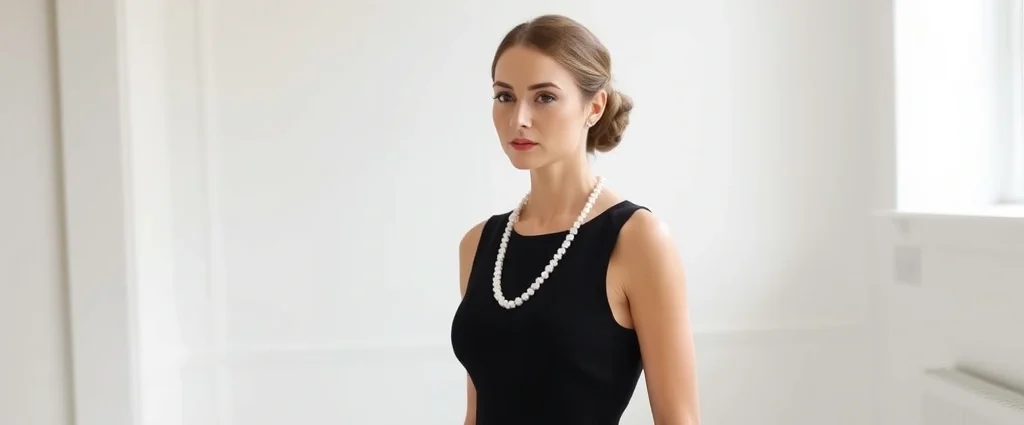 Elegant woman in classic black sleeveless dress with pearls, sophisticated updo hairstyle, natural makeup, standing gracefully in minimalist white room with soft lighting