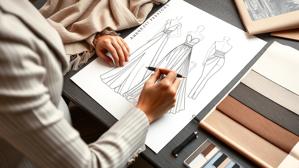 Luxury fashion designer sketching elegant dress designs with precise tailoring details, fine fabrics and neutral color swatches on designer workbench