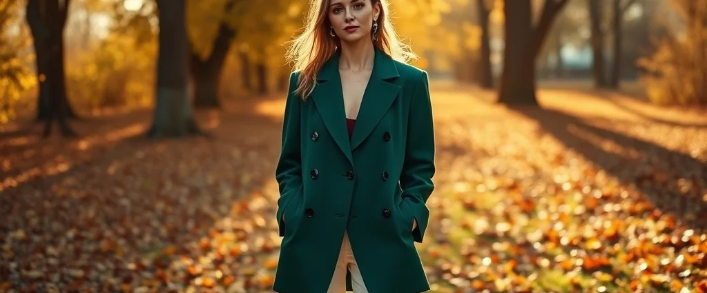 Woman wearing deep emerald oversized blazer with cream wide-leg trousers and burgundy leather boots, standing in golden autumn sunlight with falling leaves, sophisticated autumn fashion editorial style