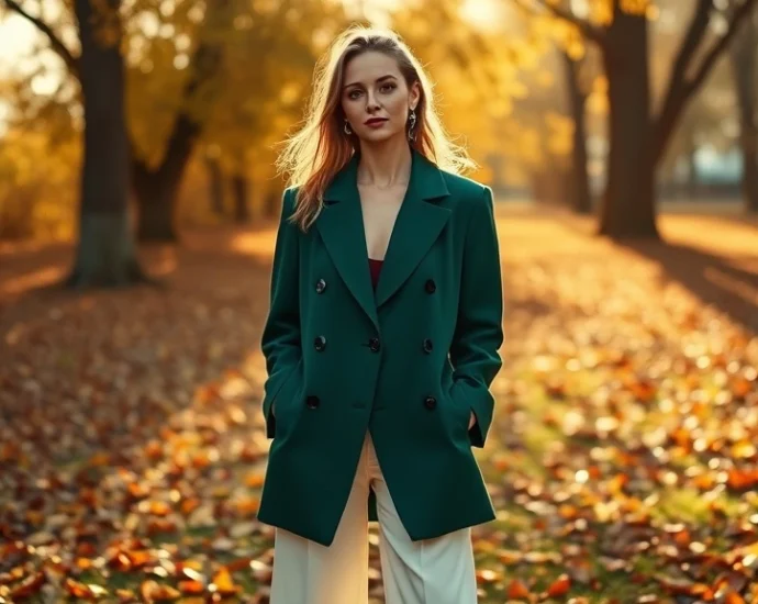 Woman wearing deep emerald oversized blazer with cream wide-leg trousers and burgundy leather boots, standing in golden autumn sunlight with falling leaves, sophisticated autumn fashion editorial style