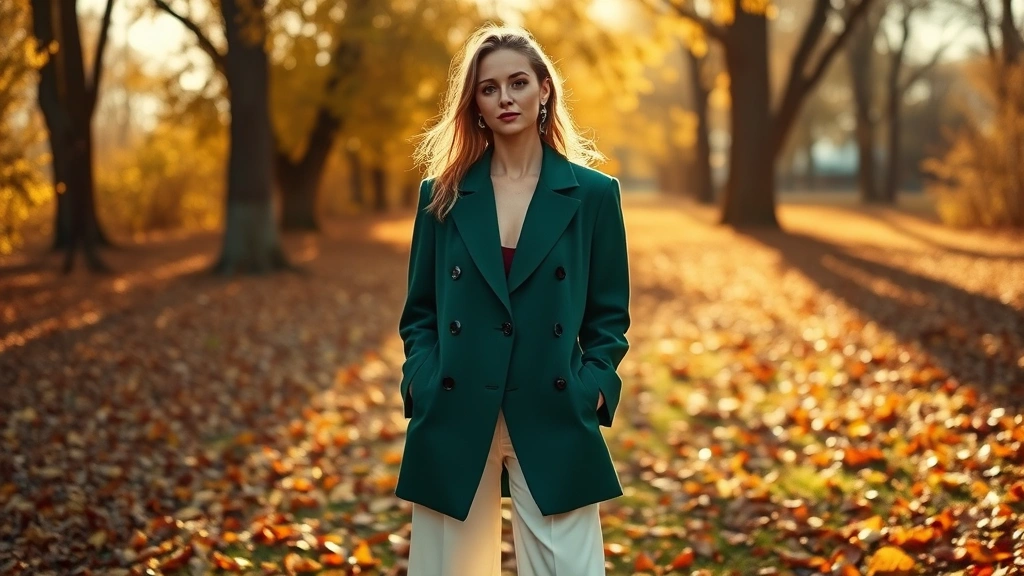 Woman wearing deep emerald oversized blazer with cream wide-leg trousers and burgundy leather boots, standing in golden autumn sunlight with falling leaves, sophisticated autumn fashion editorial style