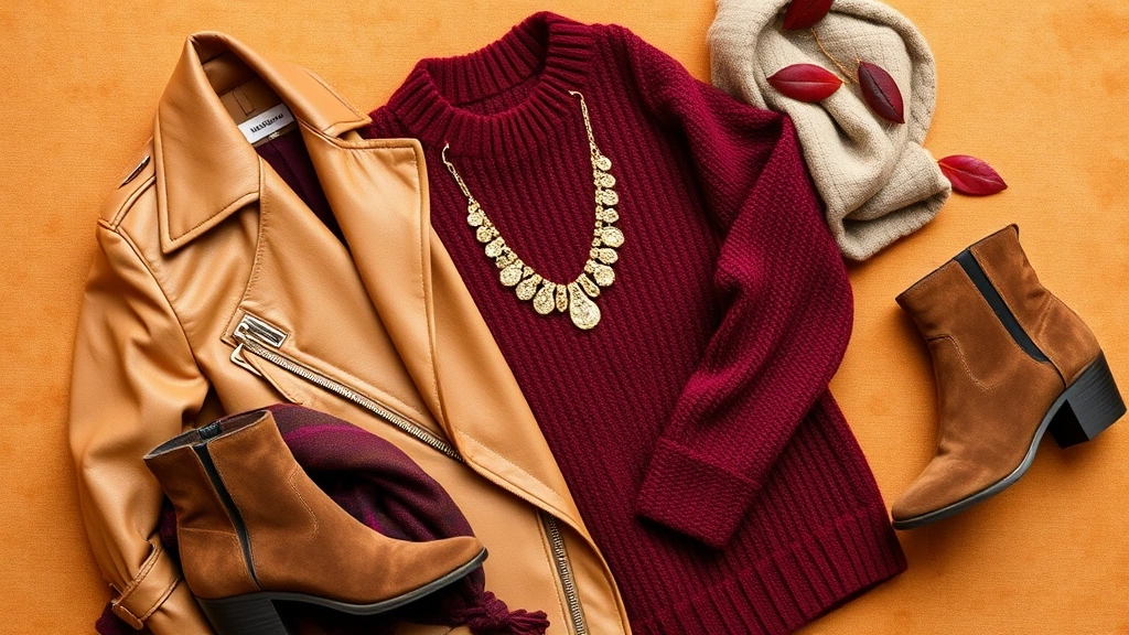 Flat lay of autumn fashion essentials including rich burgundy wool sweater, camel leather jacket, chunky gold jewelry, brown suede boots, and jewel-toned scarf arranged artfully on warm neutral background