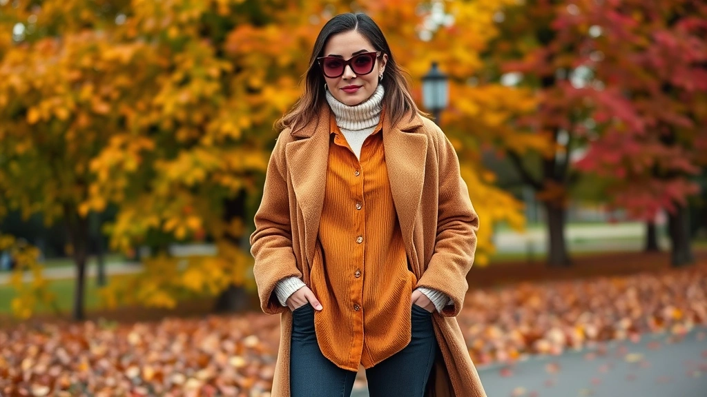 Fashion-forward person styled in layered autumn outfit featuring ochre corduroy shirt over cream turtleneck, oversized camel coat, burgundy accessories, and statement loafers against autumn foliage backdrop
