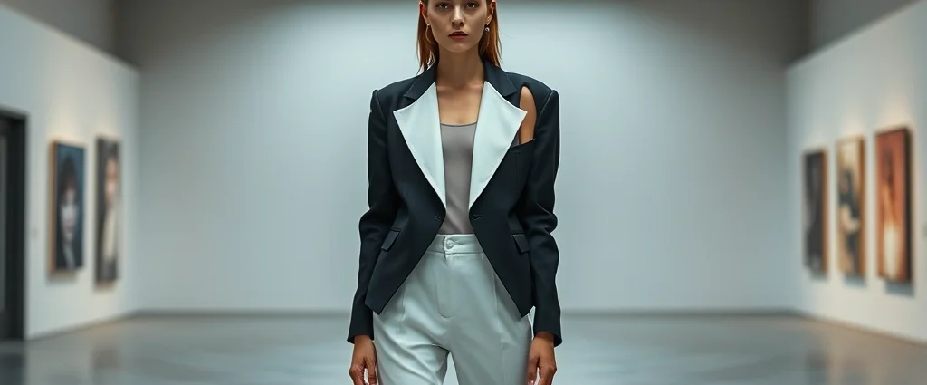 Photorealistic image of a model wearing an asymmetrical deconstructed black and white jacket with unexpected cutouts, paired with minimalist white trousers, standing in modern gallery space, editorial fashion photography style