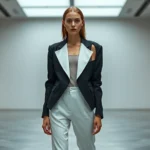 Photorealistic image of a model wearing an asymmetrical deconstructed black and white jacket with unexpected cutouts, paired with minimalist white trousers, standing in modern gallery space, editorial fashion photography style