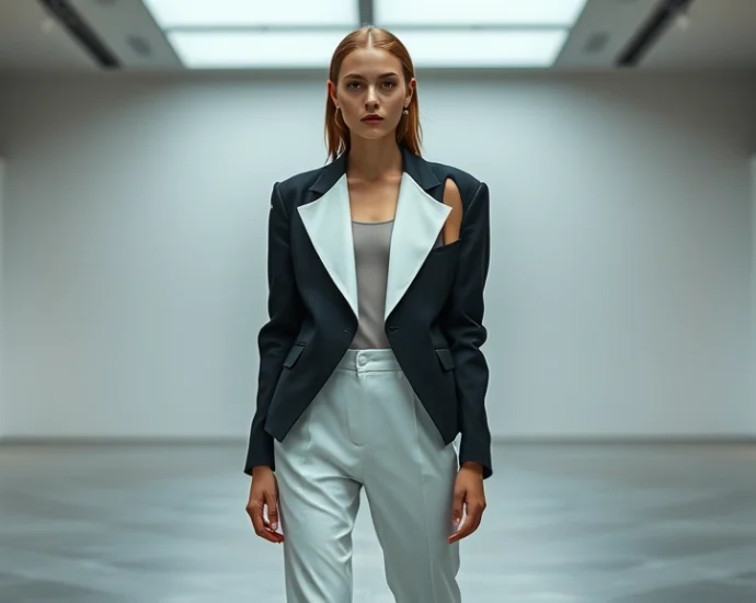 Photorealistic image of a model wearing an asymmetrical deconstructed black and white jacket with unexpected cutouts, paired with minimalist white trousers, standing in modern gallery space, editorial fashion photography style