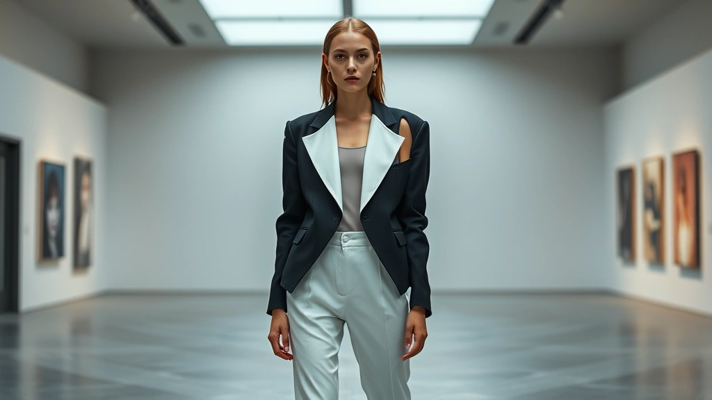 Photorealistic image of a model wearing an asymmetrical deconstructed black and white jacket with unexpected cutouts, paired with minimalist white trousers, standing in modern gallery space, editorial fashion photography style