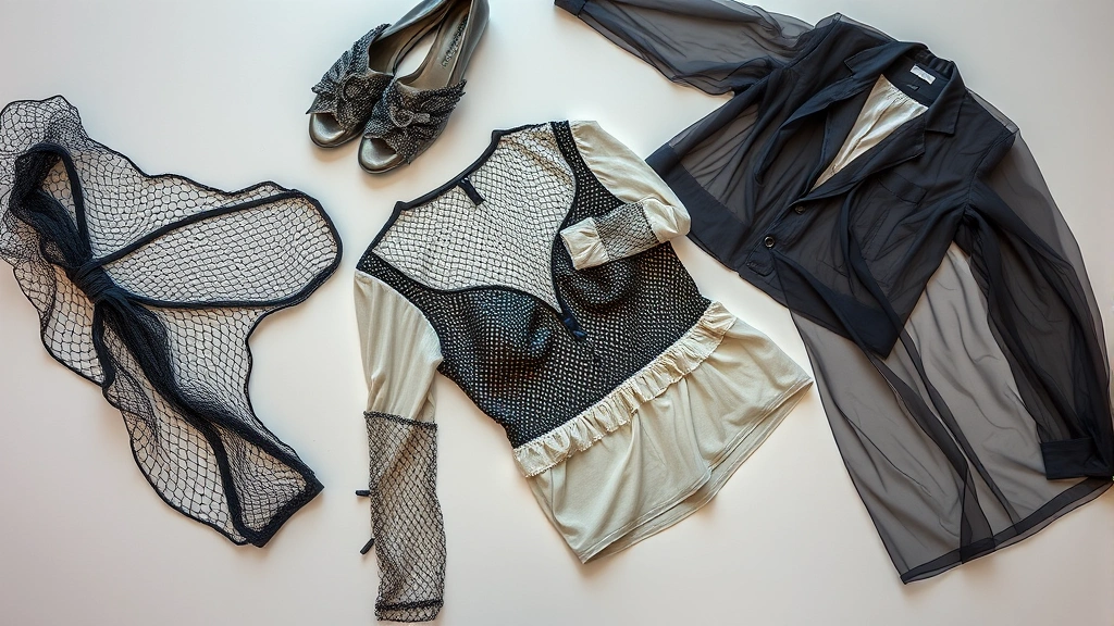 Photorealistic overhead flat lay of avant-garde fashion pieces featuring unconventional textures and materials including mesh, metallic finishes, and transparent layers arranged artistically on neutral background