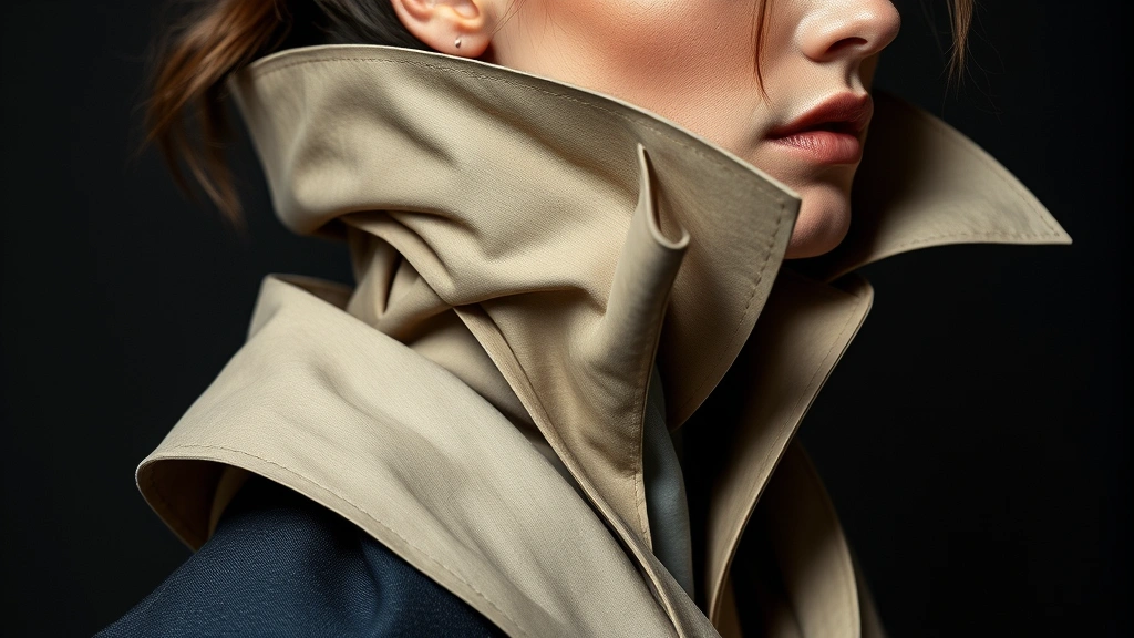 Photorealistic close-up of a model wearing a layered avant-garde ensemble with architectural silhouette, featuring multiple visible layers with contrasting textures and proportions, dramatic editorial lighting emphasizing design details