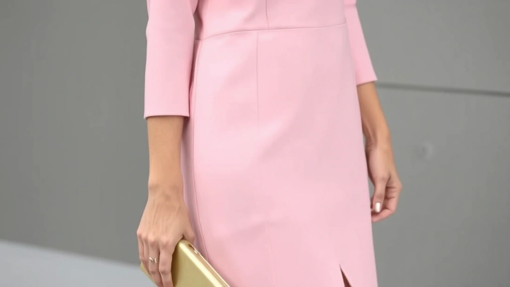 Close-up detail of a structured, well-tailored shift dress in soft pastel pink with clean lines and impeccable seaming, paired with delicate gold hoop earrings and a minimalist gold clutch against a neutral background