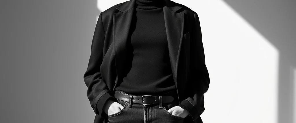Black and white photograph aesthetic showing a person wearing a black turtleneck, oversized dark blazer, and dark jeans, standing against a minimalist background, vintage 1950s bohemian style, natural lighting, contemplative expression, artistic and intellectual atmosphere