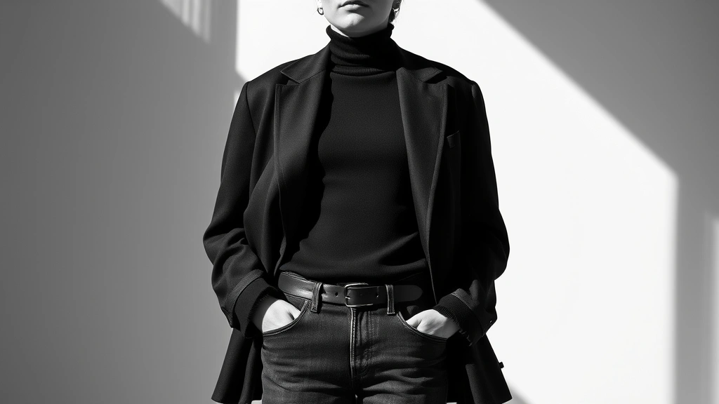 Black and white photograph aesthetic showing a person wearing a black turtleneck, oversized dark blazer, and dark jeans, standing against a minimalist background, vintage 1950s bohemian style, natural lighting, contemplative expression, artistic and intellectual atmosphere