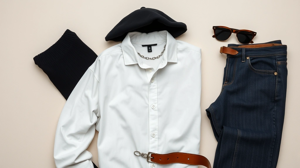 Flat lay composition of beatnik fashion essentials including black turtleneck, white button-up shirt, dark denim, black beret, simple silver chain necklace, dark sunglasses, and vintage leather belt on neutral background, minimalist styling, natural textures visible