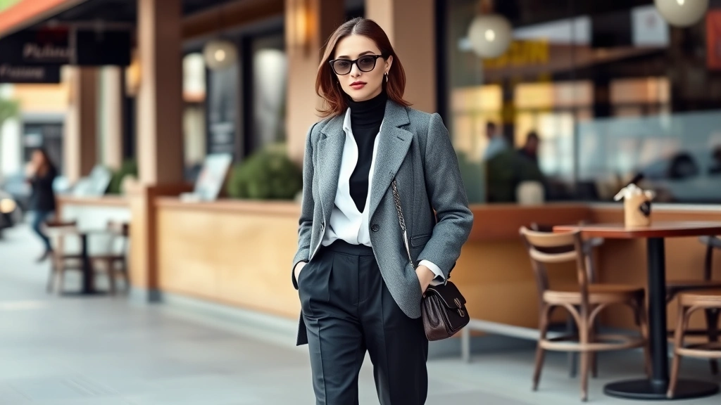 Street style photograph of a woman wearing layered beatnik-inspired outfit with white shirt under black turtleneck under oversized gray blazer, dark trousers, simple black loafers, and small leather shoulder bag, urban coffee shop setting, natural daylight, authentic and effortless aesthetic