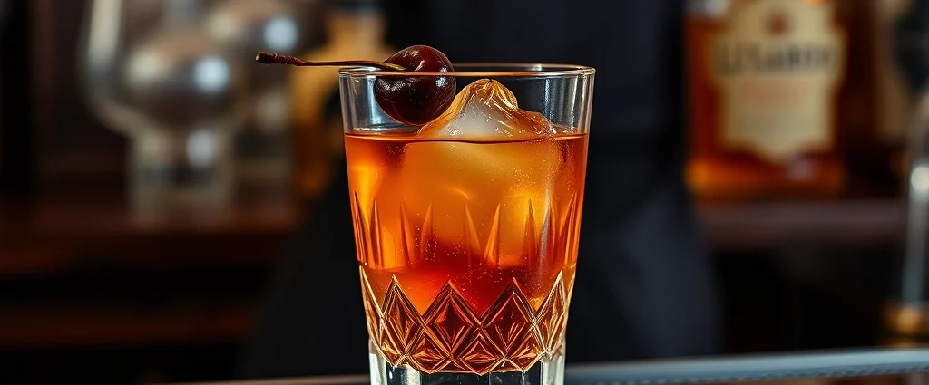 Crystal glass containing Old Fashioned cocktail with single dark burgundy Luxardo cherry on a pick, ice cubes, amber whiskey visible, soft warm lighting, dark wooden bar counter background, professional bartending setup