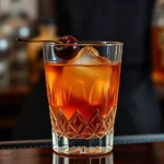Crystal glass containing Old Fashioned cocktail with single dark burgundy Luxardo cherry on a pick, ice cubes, amber whiskey visible, soft warm lighting, dark wooden bar counter background, professional bartending setup