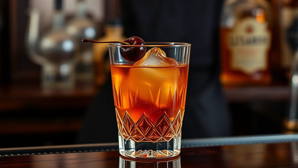 Crystal glass containing Old Fashioned cocktail with single dark burgundy Luxardo cherry on a pick, ice cubes, amber whiskey visible, soft warm lighting, dark wooden bar counter background, professional bartending setup