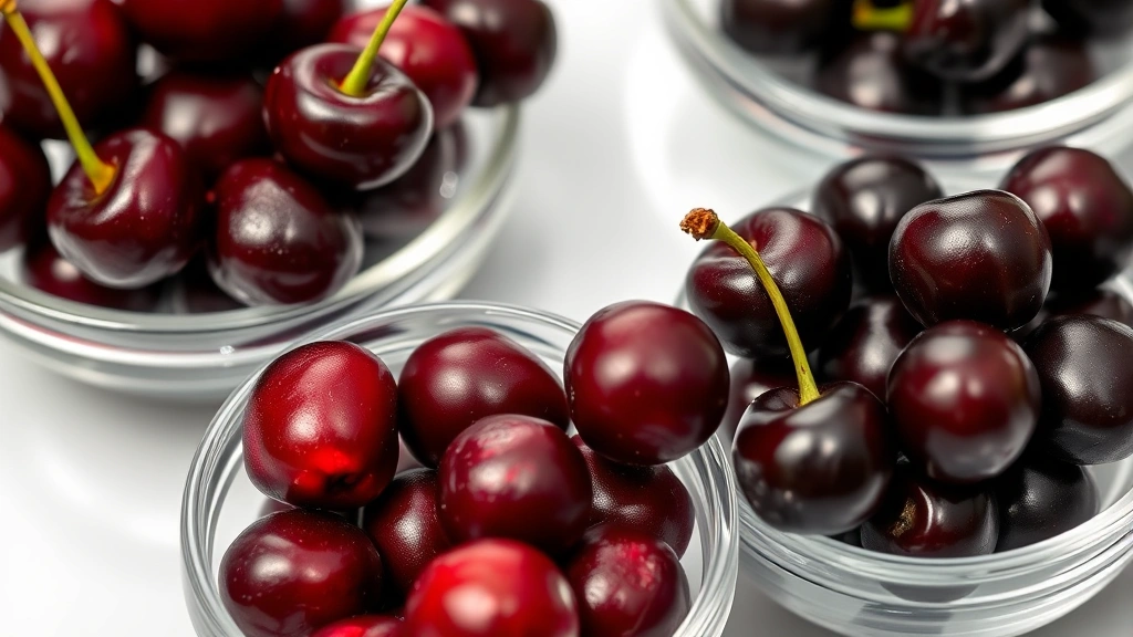 Close-up arrangement of premium cherry varieties in small glass bowls: deep burgundy Luxardo cherries, darker spiced Amarena cherries, burgundy Griottines, natural lighting showing color differences and preservation syrups, elegant minimalist presentation