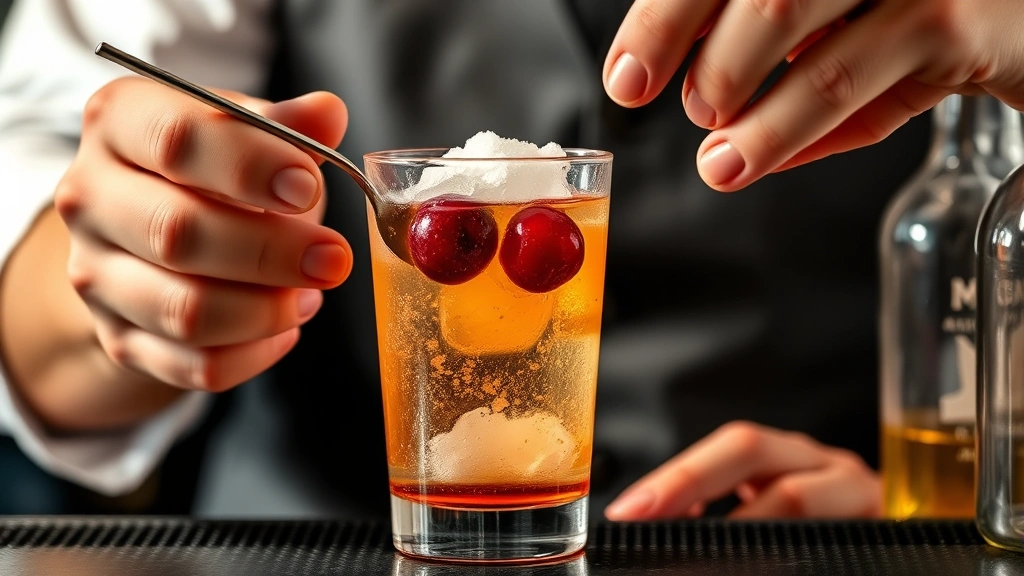 Bartender's hands carefully muddling cherry with sugar and bitters in mixing glass using bar spoon, cherry releasing oils, amber liquid beginning to form, soft professional lighting, blurred bottle background, craft cocktail preparation technique