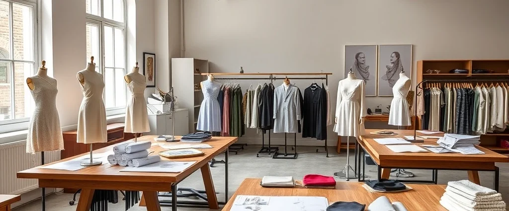 Luxury fashion school atelier with dress forms, sketches, and fabric swatches on wooden tables, natural light from large windows, sophisticated neutral interior design with design student's work displayed