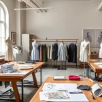 Luxury fashion school atelier with dress forms, sketches, and fabric swatches on wooden tables, natural light from large windows, sophisticated neutral interior design with design student's work displayed