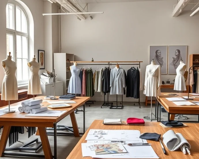 Luxury fashion school atelier with dress forms, sketches, and fabric swatches on wooden tables, natural light from large windows, sophisticated neutral interior design with design student's work displayed
