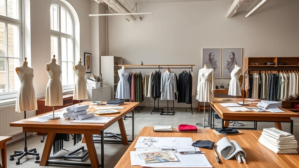 Luxury fashion school atelier with dress forms, sketches, and fabric swatches on wooden tables, natural light from large windows, sophisticated neutral interior design with design student's work displayed