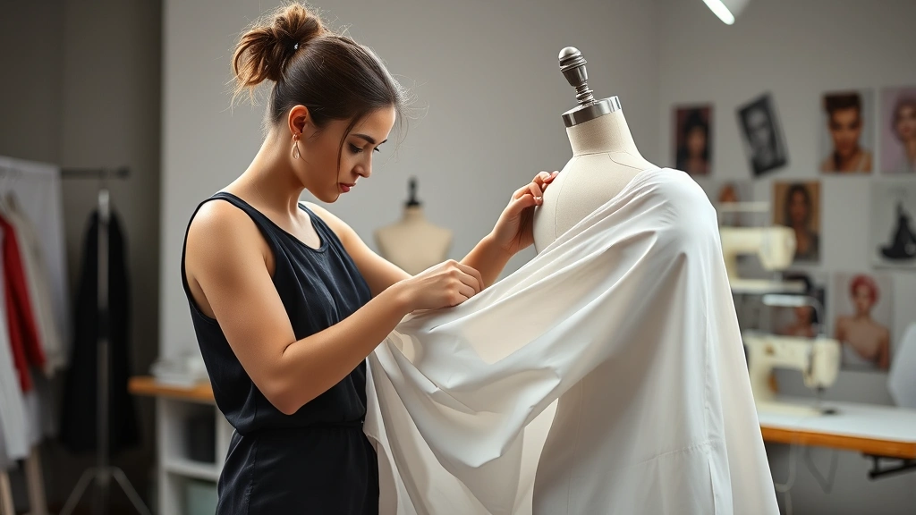 Fashion design student draping fabric on dress form, focused concentration, hands working with flowing material, studio setting with sewing equipment and design references in background, professional lighting