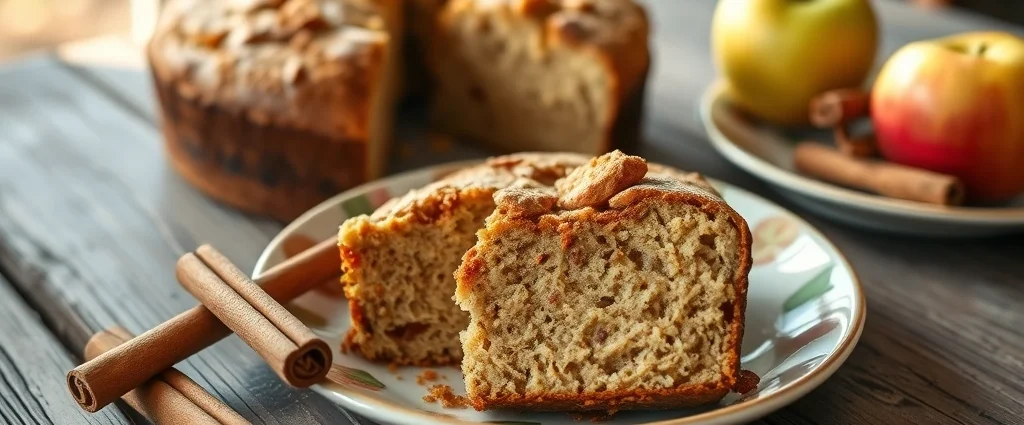 Rustic applesauce cake with warm cinnamon spices on weathered wooden table, sliced to show tender crumb texture, natural afternoon lighting, vintage ceramic plate, fresh cinnamon sticks and apple slices as garnish, cozy cottage kitchen aesthetic