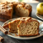 Rustic applesauce cake with warm cinnamon spices on weathered wooden table, sliced to show tender crumb texture, natural afternoon lighting, vintage ceramic plate, fresh cinnamon sticks and apple slices as garnish, cozy cottage kitchen aesthetic