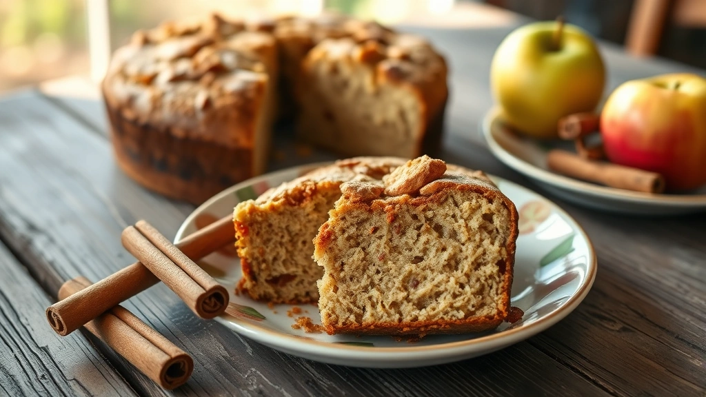 Rustic applesauce cake with warm cinnamon spices on weathered wooden table, sliced to show tender crumb texture, natural afternoon lighting, vintage ceramic plate, fresh cinnamon sticks and apple slices as garnish, cozy cottage kitchen aesthetic