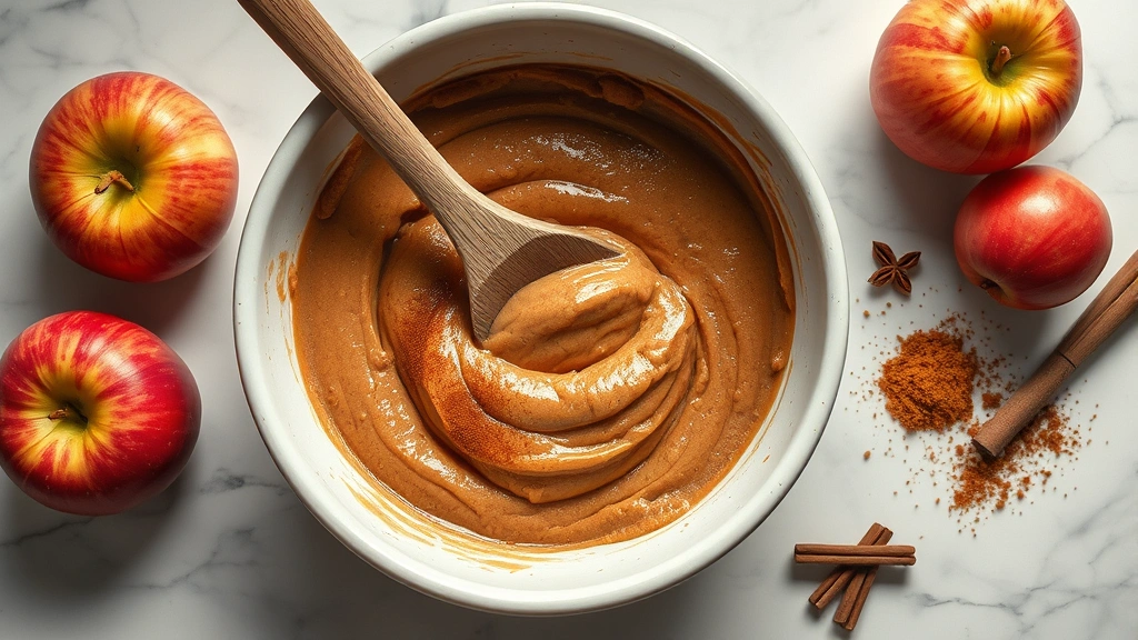 Close-up overhead shot of old-fashioned applesauce cake batter being mixed in ceramic bowl with wooden spoon, showing rich brown batter, cinnamon and nutmeg visible, warm kitchen lighting, fresh apples and spices arranged nearby on marble countertop