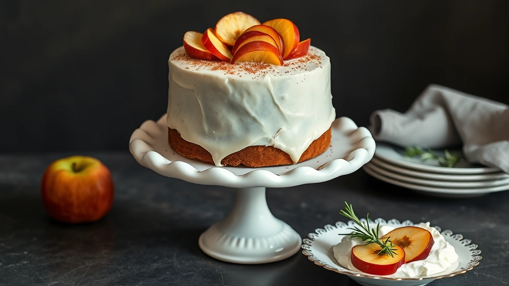 Elegant presentation of frosted applesauce cake on vintage cake stand with cream cheese frosting, candied apple slices arranged artfully on top, dusted with cinnamon, served with whipped cream on fine china plate, sophisticated dessert styling with fresh rosemary garnish