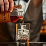 Professional bartender pouring bourbon whiskey into a crystal mixing glass filled with premium ice cubes, wearing a sophisticated vest, bar setting with warm golden lighting
