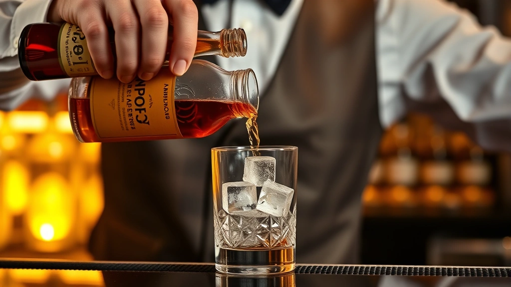 Professional bartender pouring bourbon whiskey into a crystal mixing glass filled with premium ice cubes, wearing a sophisticated vest, bar setting with warm golden lighting