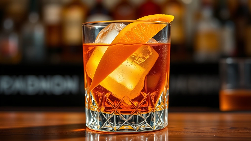 Close-up of a perfectly crafted Old Fashioned cocktail in a crystal rocks glass with a large ice cube, fresh orange twist garnish, bourbon amber liquid, elegant bar backdrop