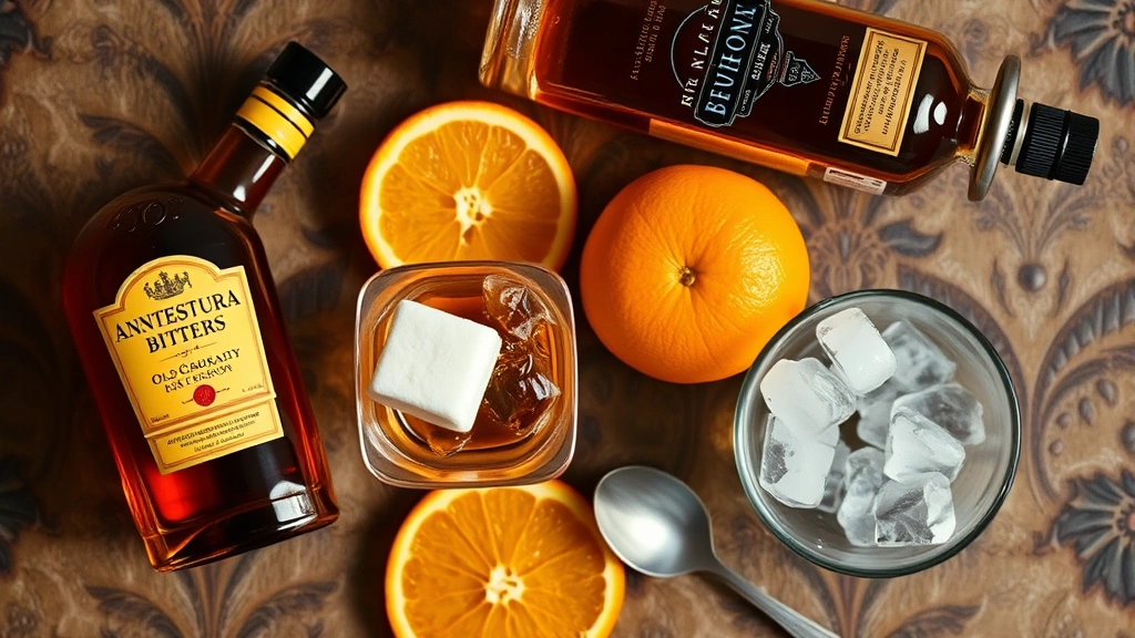 Overhead flat lay of Old Fashioned cocktail ingredients arranged artfully: Angostura bitters bottle, sugar cube, fresh orange, quality bourbon bottle, mixing spoon, and ice, professional styling