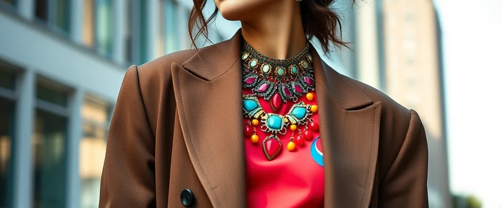 Person wearing oversized blazer and bold statement jewelry, mixing vibrant colors confidently, natural lighting, urban background, expressive fashion-forward styling