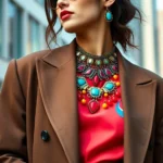Person wearing oversized blazer and bold statement jewelry, mixing vibrant colors confidently, natural lighting, urban background, expressive fashion-forward styling