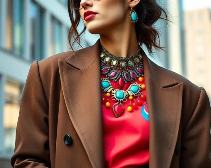 Person wearing oversized blazer and bold statement jewelry, mixing vibrant colors confidently, natural lighting, urban background, expressive fashion-forward styling