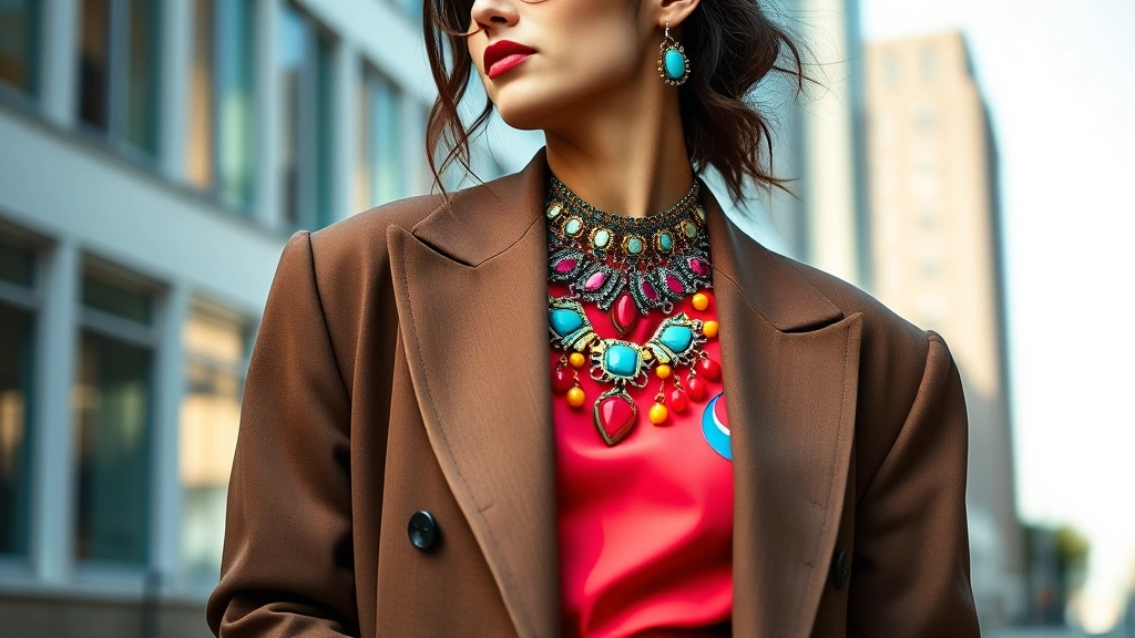 Person wearing oversized blazer and bold statement jewelry, mixing vibrant colors confidently, natural lighting, urban background, expressive fashion-forward styling