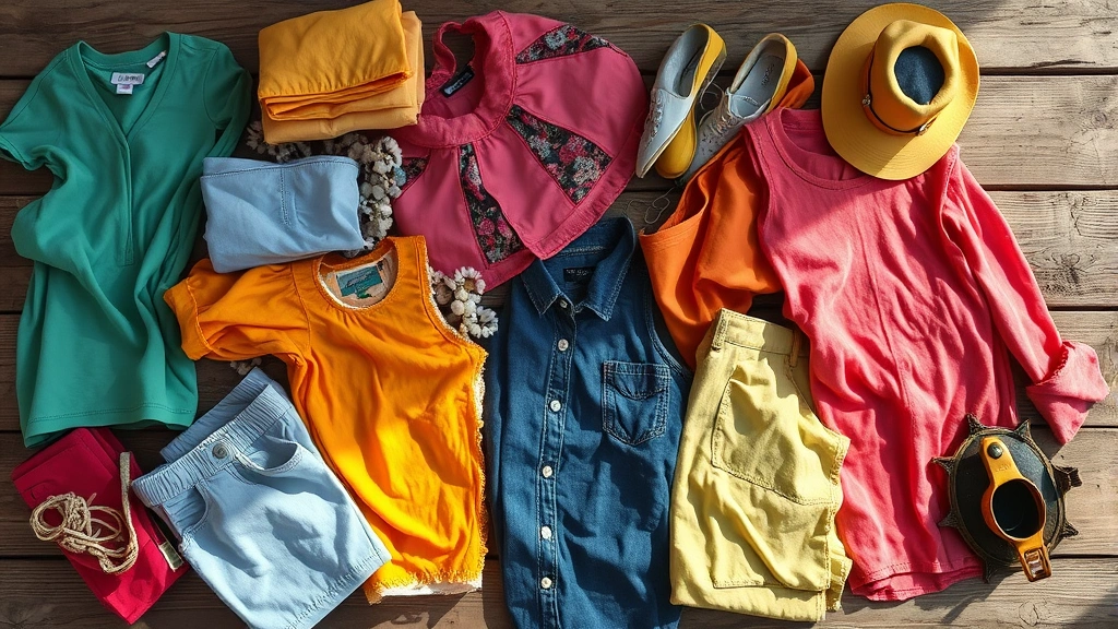 Colorful vintage clothing arranged artfully on wooden surface with thrifted pieces, bright fabrics, diverse textures, natural sunlight, lifestyle composition