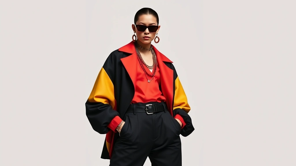 Model in gender-neutral oversized silhouette wearing bold color-blocked outfit with statement accessories, contemporary fashion editorial style, confident pose, modern aesthetic