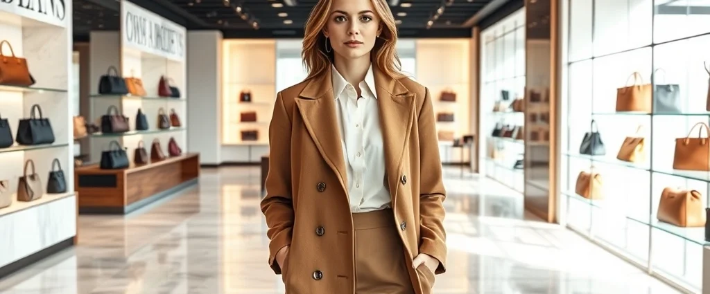 Elegant woman in tailored camel coat and white silk blouse standing in modern luxury boutique with marble floors and designer handbags displayed on shelves, soft natural lighting through large windows