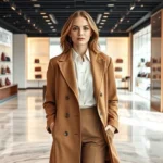 Elegant woman in tailored camel coat and white silk blouse standing in modern luxury boutique with marble floors and designer handbags displayed on shelves, soft natural lighting through large windows