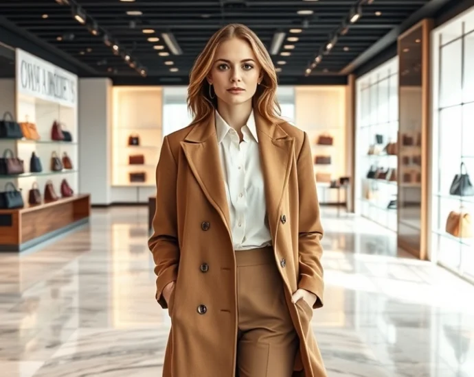 Elegant woman in tailored camel coat and white silk blouse standing in modern luxury boutique with marble floors and designer handbags displayed on shelves, soft natural lighting through large windows